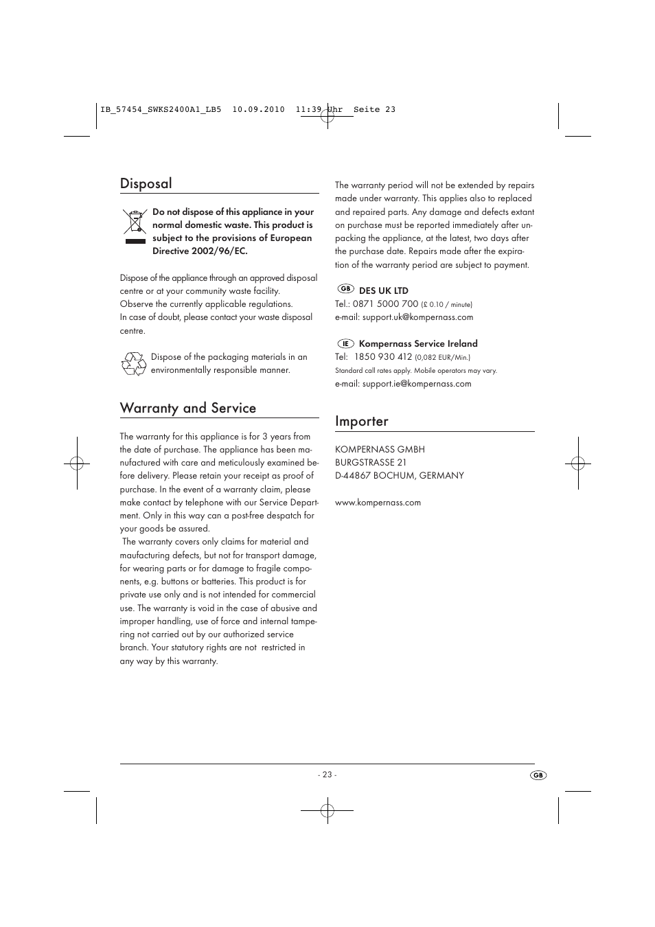 Disposal, Warranty and service, Importer | Silvercrest SWKS 2400 A1 User Manual | Page 25 / 31