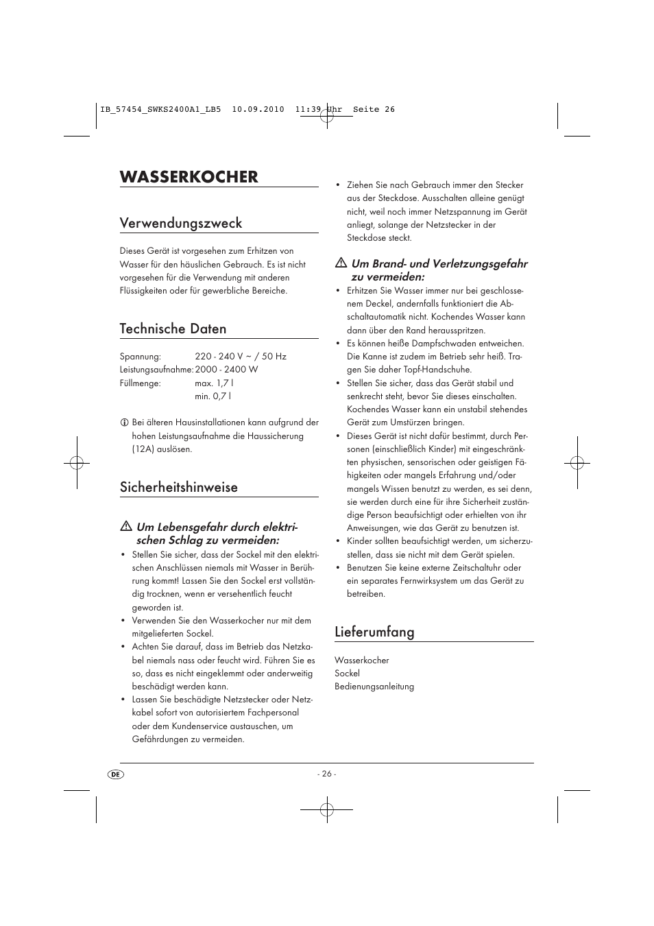 Wasserkocher, Verwendungszweck, Technische daten | Sicherheitshinweise, Lieferumfang | Silvercrest SWKS 2400 A1 User Manual | Page 28 / 31