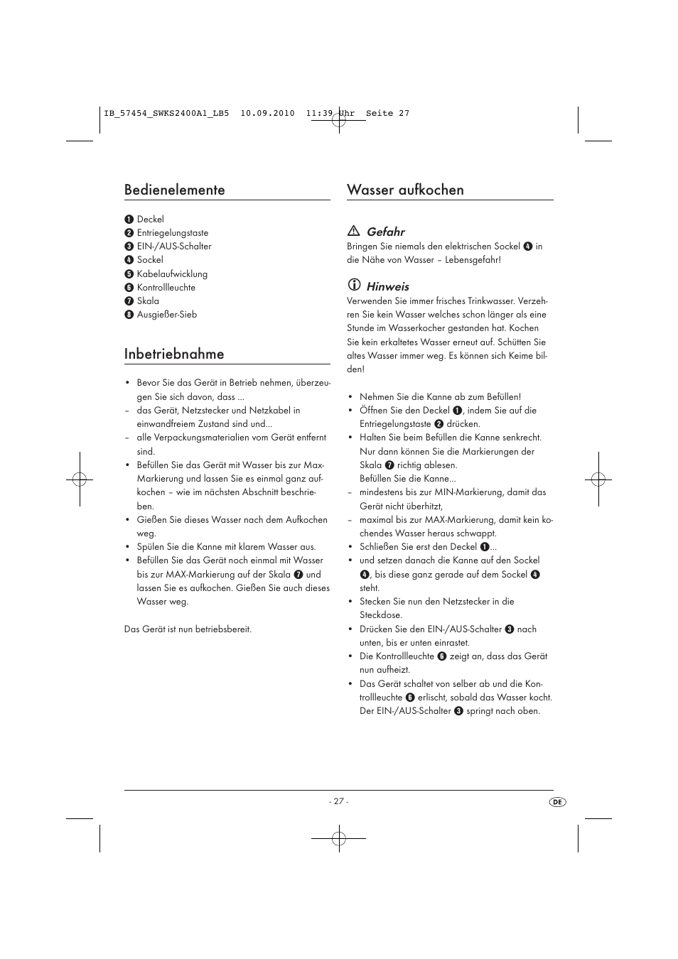 Bedienelemente, Inbetriebnahme, Wasser aufkochen | Gefahr, Hinweis | Silvercrest SWKS 2400 A1 User Manual | Page 29 / 31