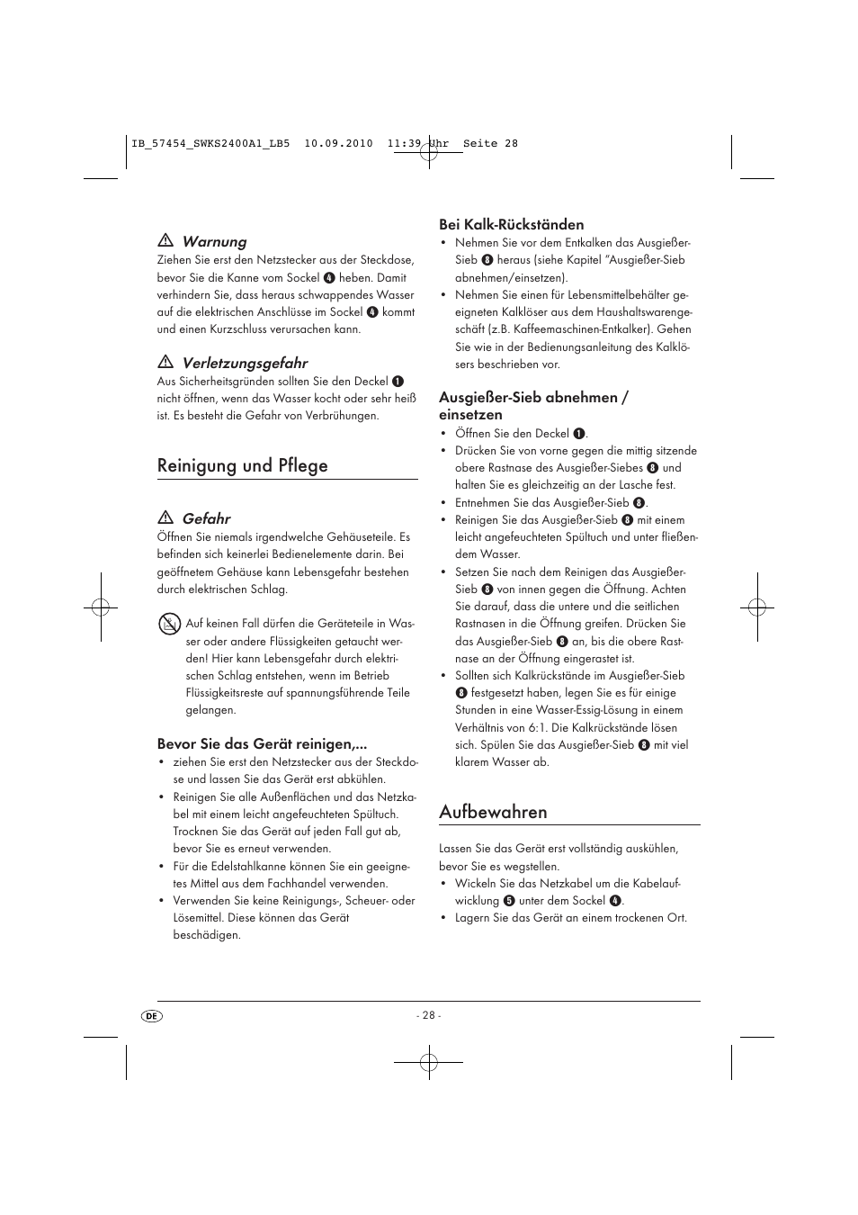 Reinigung und pflege, Aufbewahren | Silvercrest SWKS 2400 A1 User Manual | Page 30 / 31