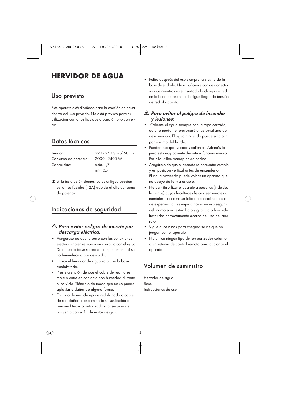 Hervidor de agua, Uso previsto, Datos técnicos | Indicaciones de seguridad, Volumen de suministro | Silvercrest SWKS 2400 A1 User Manual | Page 4 / 31