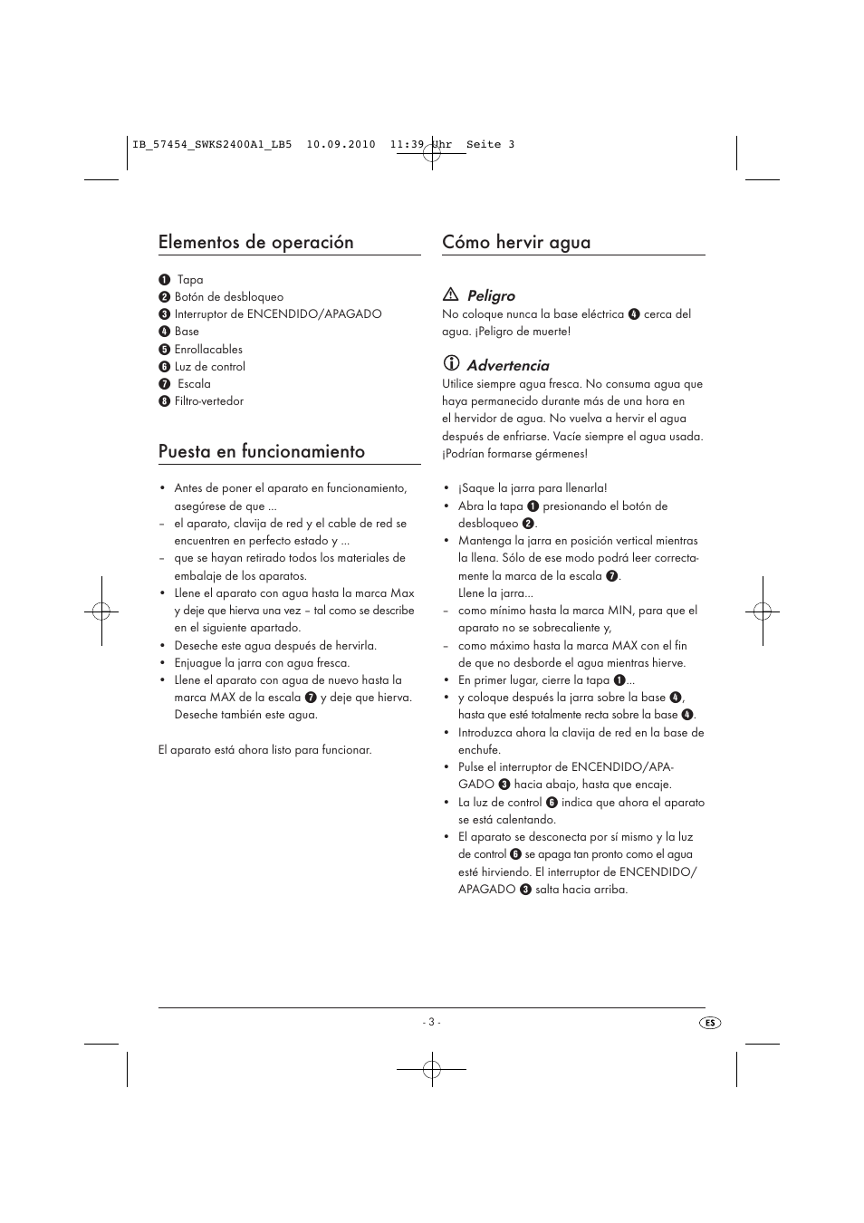 Elementos de operación, Puesta en funcionamiento, Cómo hervir agua | Peligro, Advertencia | Silvercrest SWKS 2400 A1 User Manual | Page 5 / 31