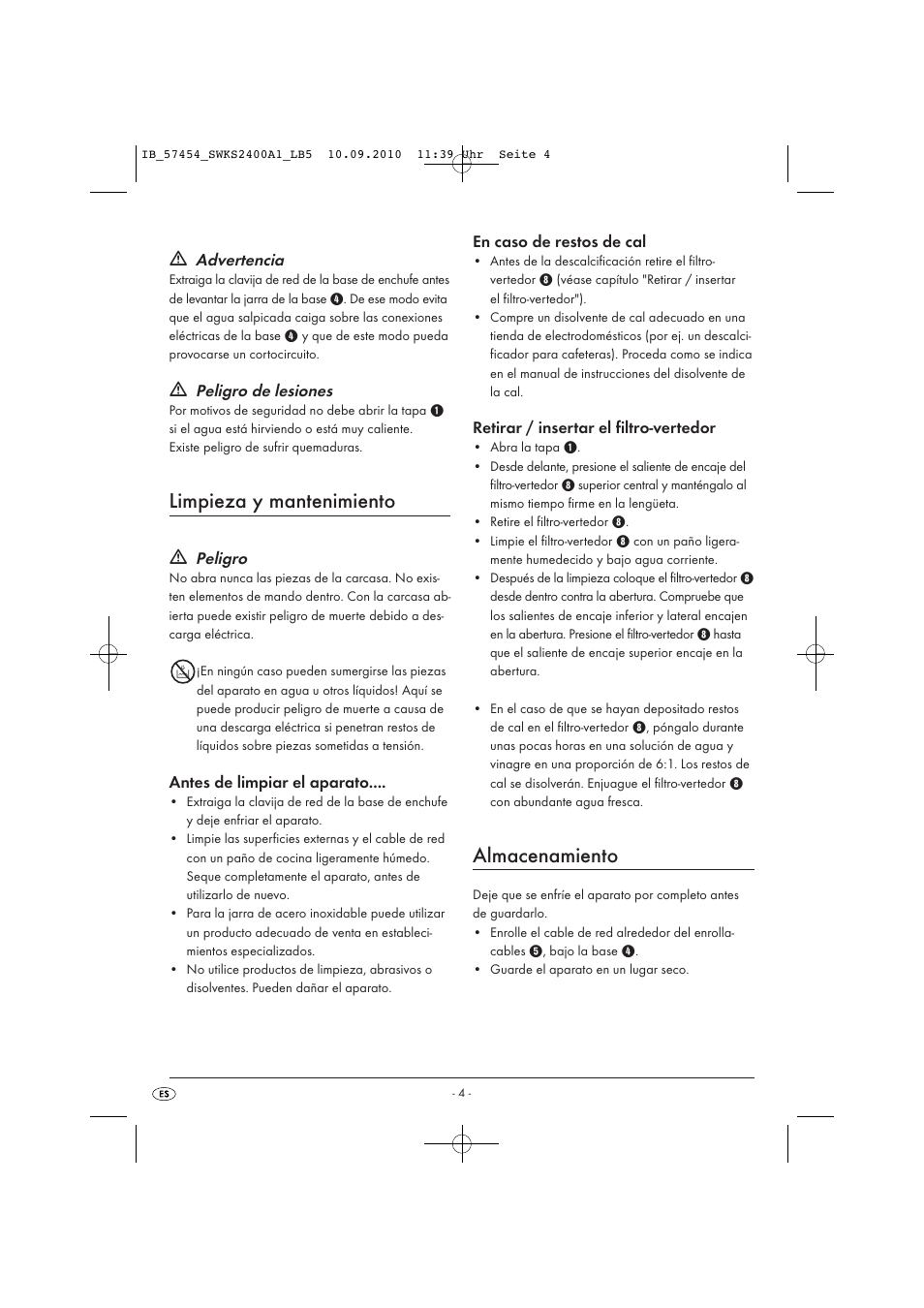 Limpieza y mantenimiento, Almacenamiento | Silvercrest SWKS 2400 A1 User Manual | Page 6 / 31