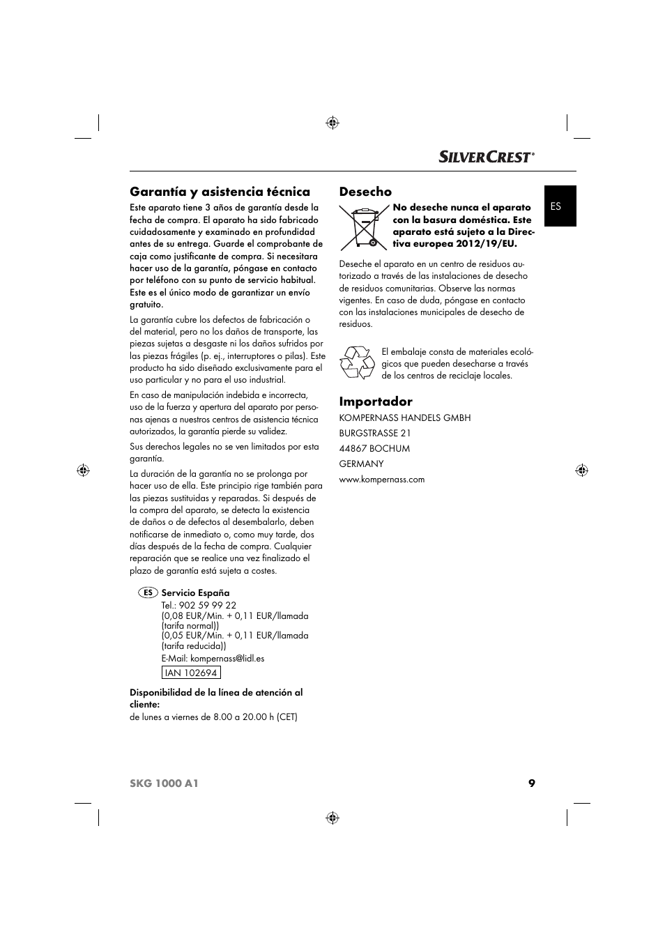 Garantía y asistencia técnica, Desecho, Importador | Silvercrest SKG 1000 A1 User Manual | Page 12 / 53