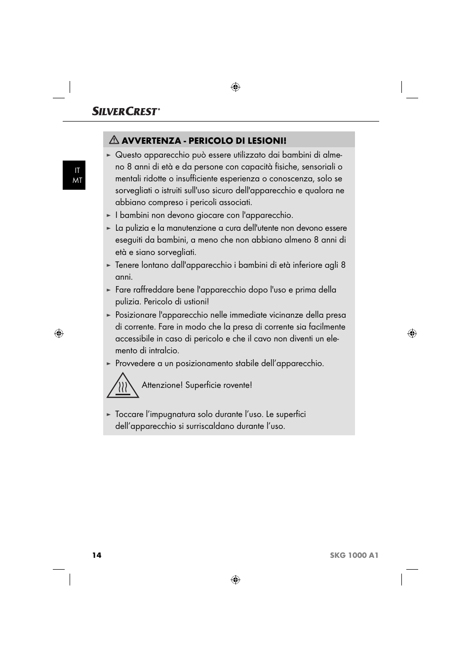 Avvertenza - pericolo di lesioni, I bambini non devono giocare con l'apparecchio | Silvercrest SKG 1000 A1 User Manual | Page 17 / 53
