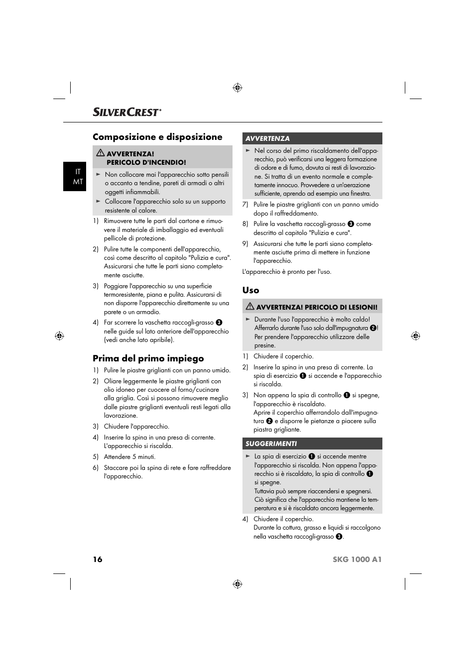 Composizione e disposizione, Prima del primo impiego | Silvercrest SKG 1000 A1 User Manual | Page 19 / 53