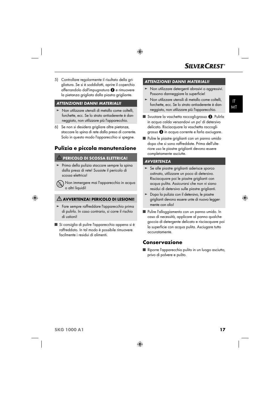 Pulizia e piccola manutenzione, Conservazione | Silvercrest SKG 1000 A1 User Manual | Page 20 / 53
