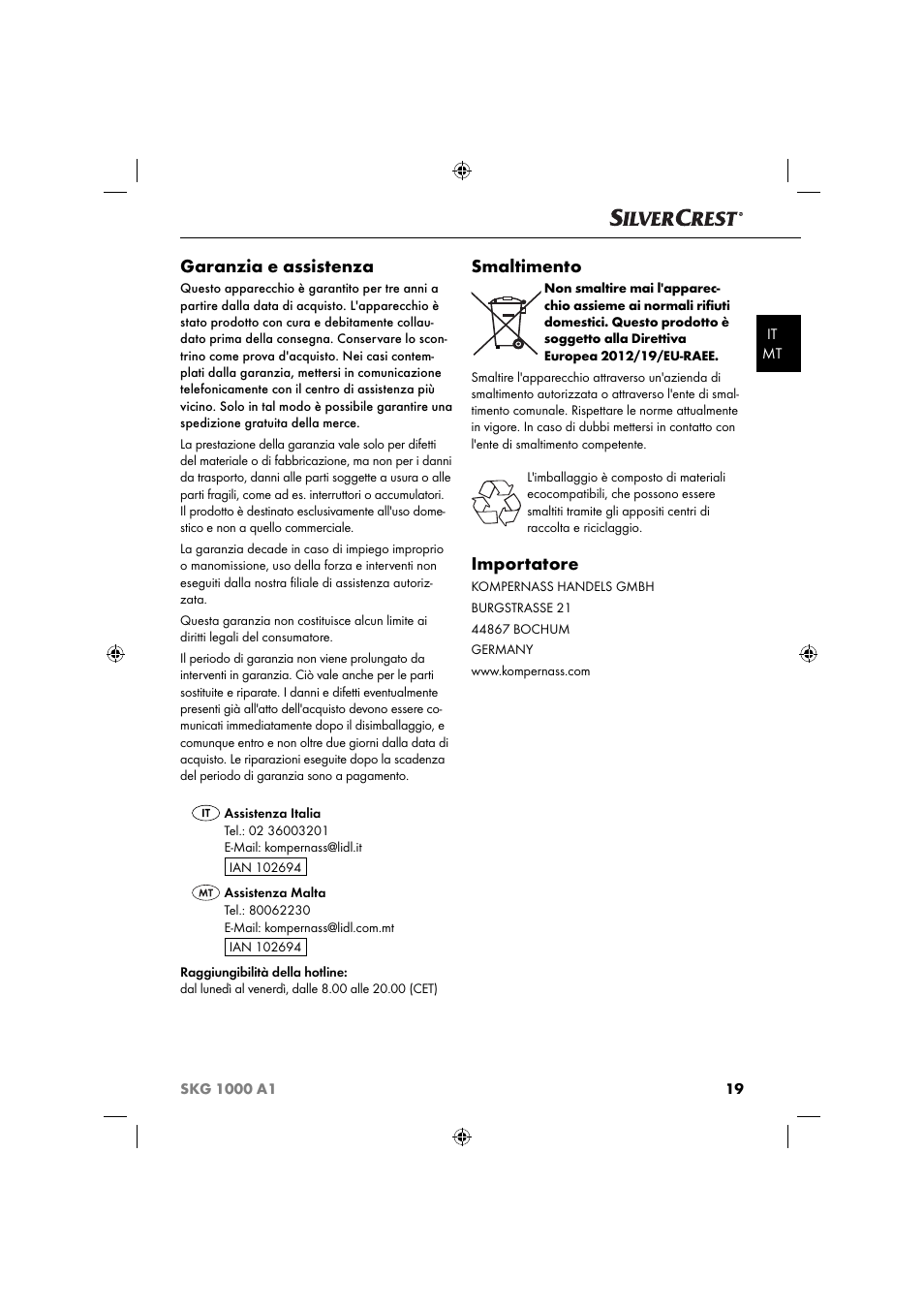Garanzia e assistenza, Smaltimento, Importatore | Silvercrest SKG 1000 A1 User Manual | Page 22 / 53