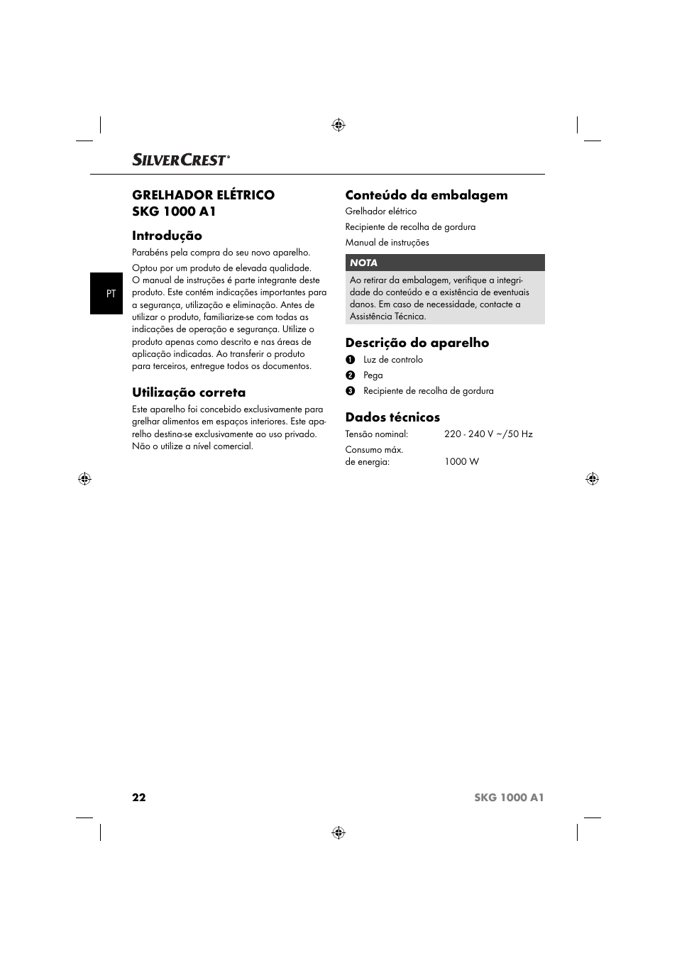 Utilização correta, Conteúdo da embalagem, Descrição do aparelho | Dados técnicos | Silvercrest SKG 1000 A1 User Manual | Page 25 / 53