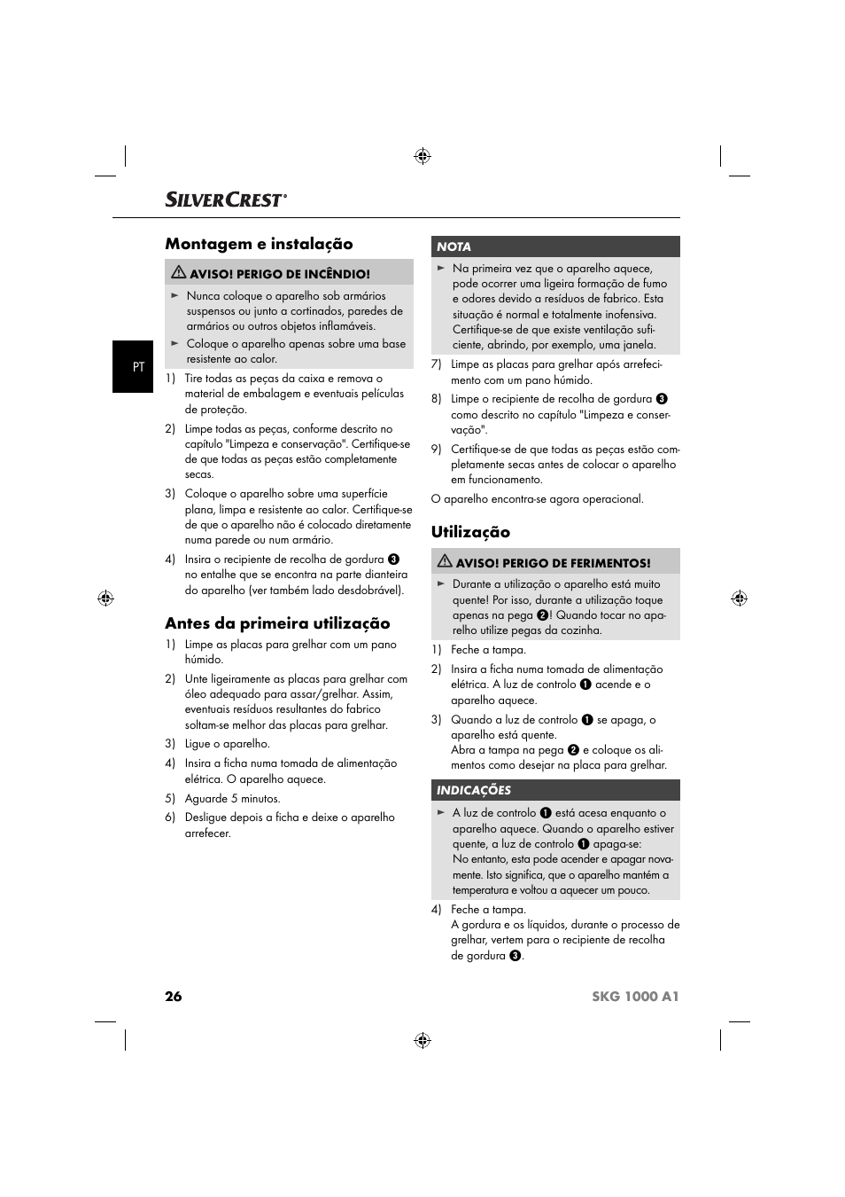 Montagem e instalação, Antes da primeira utilização, Utilização | Silvercrest SKG 1000 A1 User Manual | Page 29 / 53