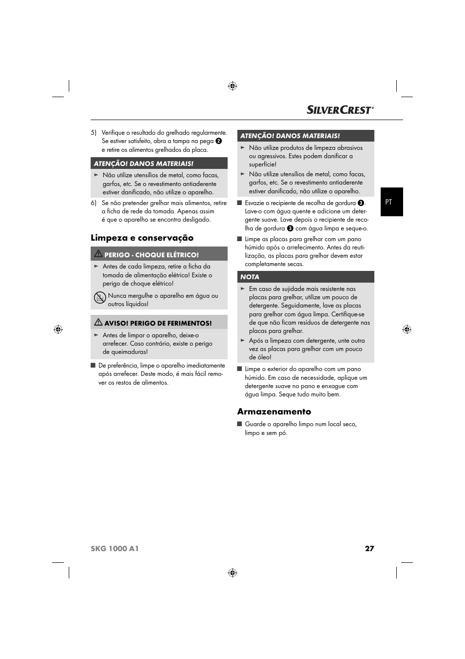Limpeza e conservação, Armazenamento | Silvercrest SKG 1000 A1 User Manual | Page 30 / 53
