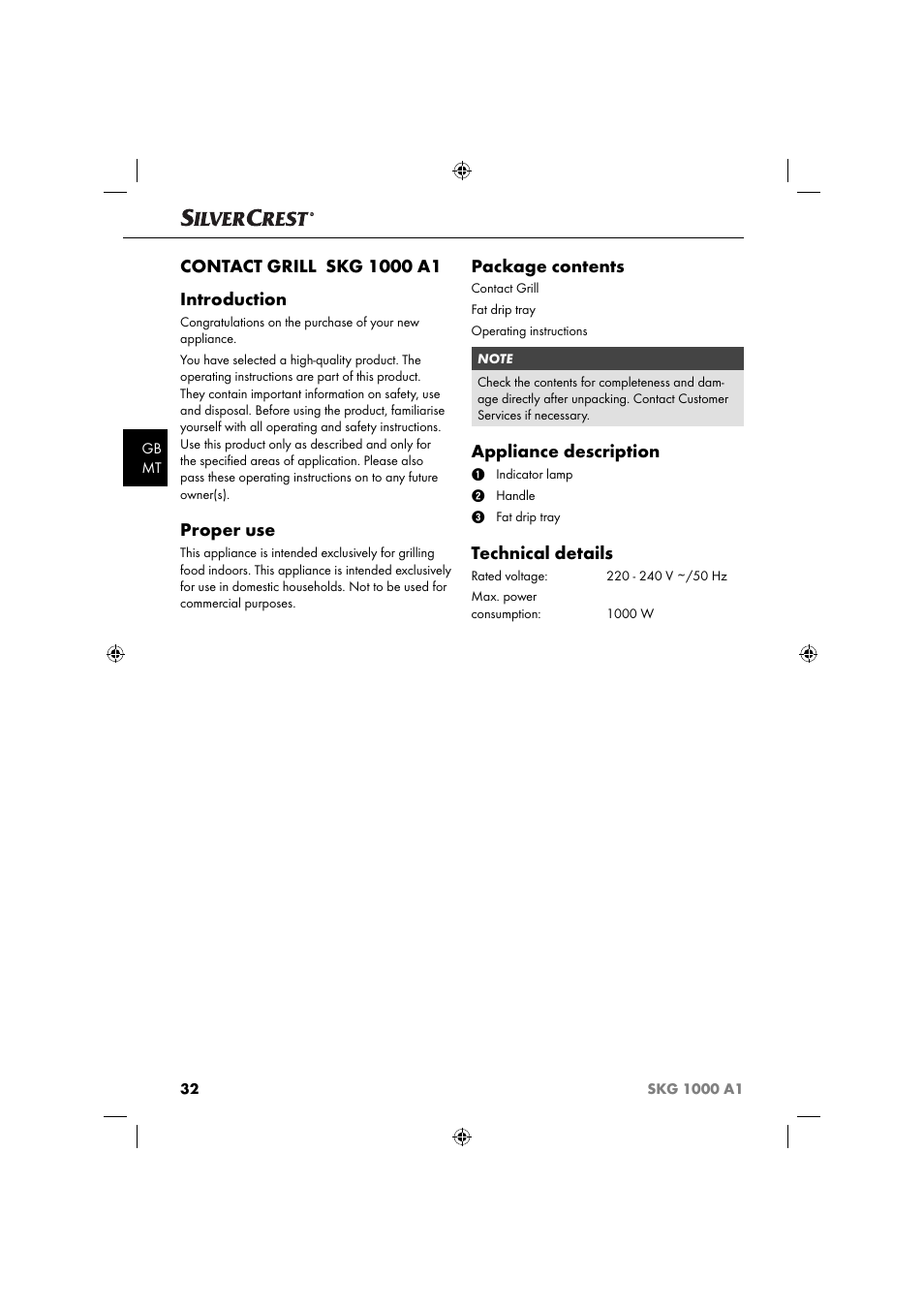 Proper use, Package contents, Appliance description | Technical details | Silvercrest SKG 1000 A1 User Manual | Page 35 / 53