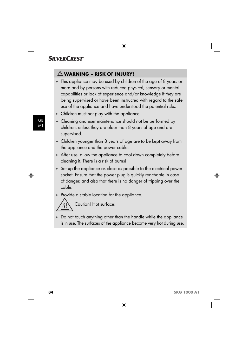 Warning – risk of injury, Children must not play with the appliance | Silvercrest SKG 1000 A1 User Manual | Page 37 / 53