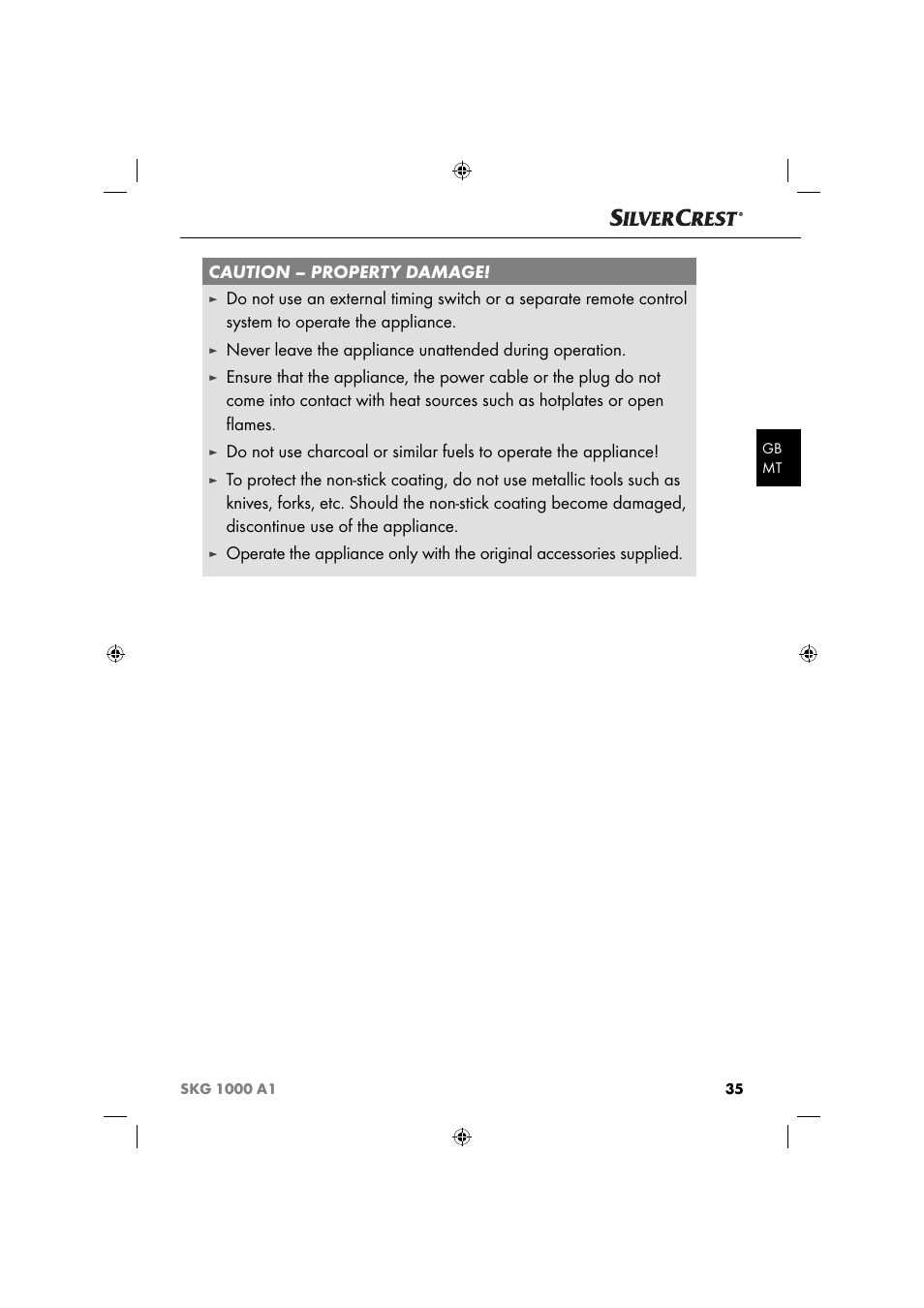 Caution – property damage | Silvercrest SKG 1000 A1 User Manual | Page 38 / 53