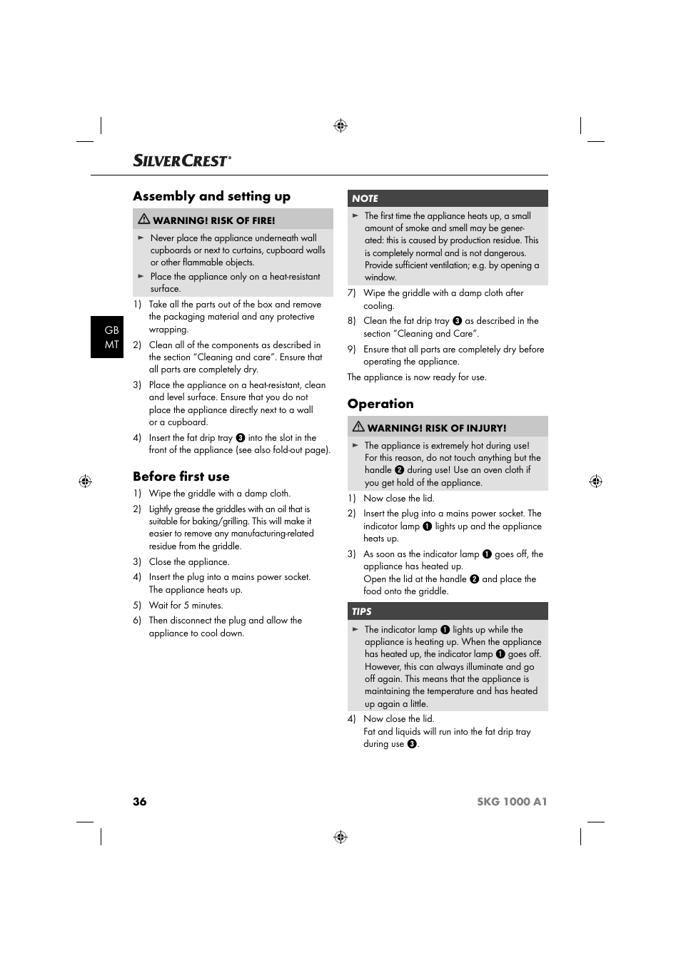 Assembly and setting up, Before ﬁ rst use, Operation | Silvercrest SKG 1000 A1 User Manual | Page 39 / 53