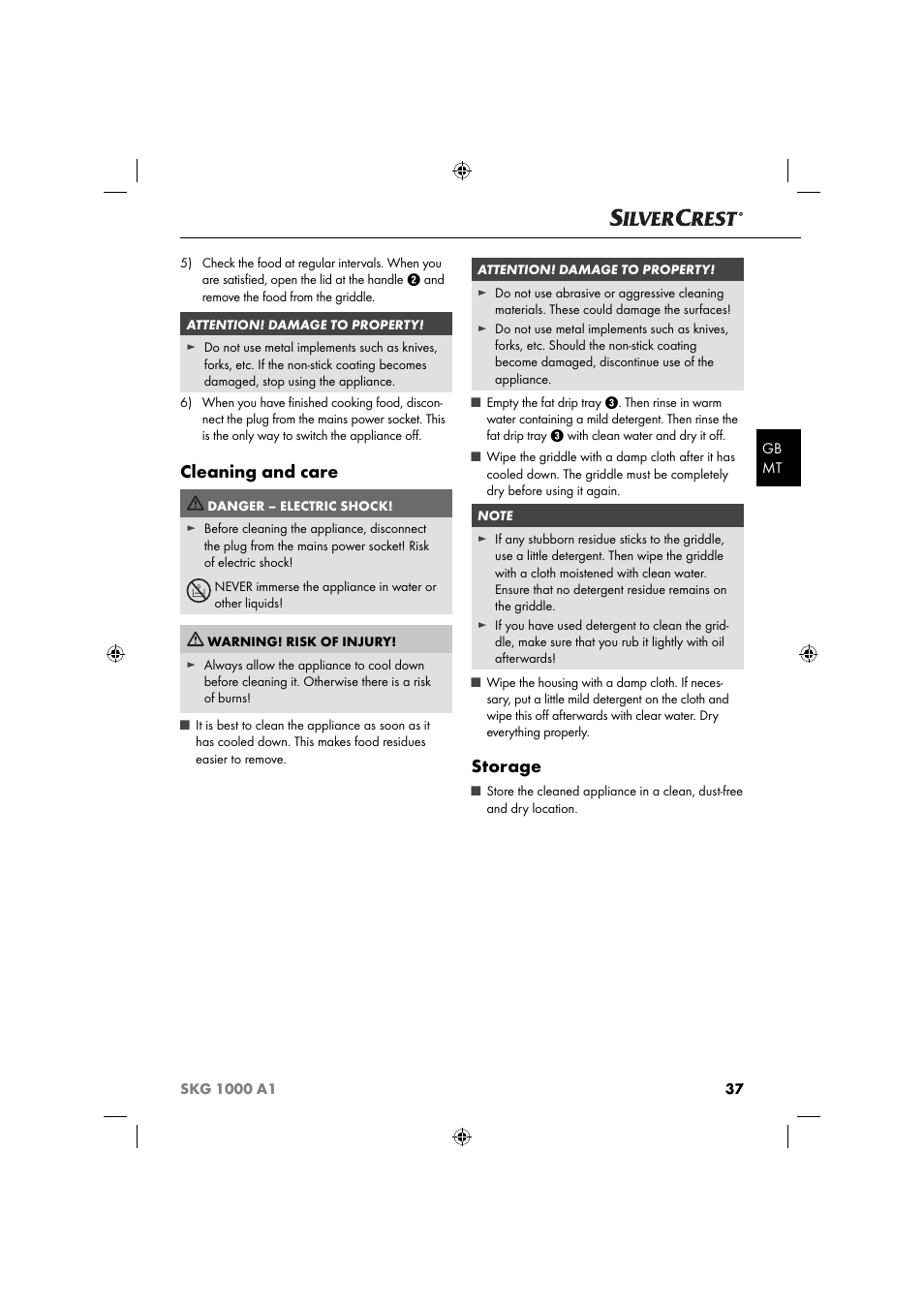 Cleaning and care, Storage | Silvercrest SKG 1000 A1 User Manual | Page 40 / 53