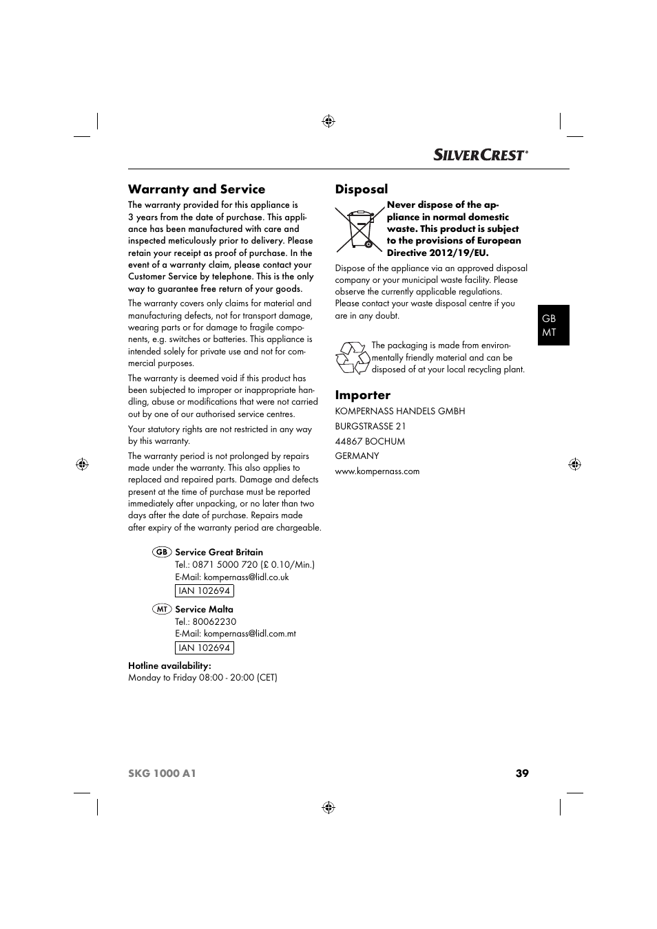 Warranty and service, Disposal, Importer | Silvercrest SKG 1000 A1 User Manual | Page 42 / 53
