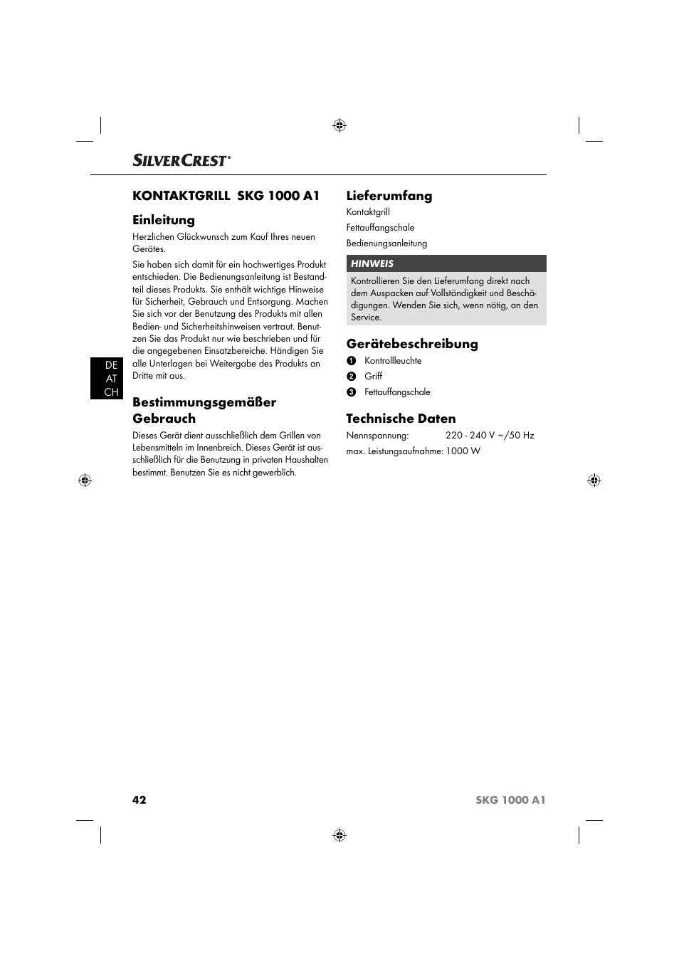 Bestimmungsgemäßer gebrauch, Lieferumfang, Gerätebeschreibung | Technische daten | Silvercrest SKG 1000 A1 User Manual | Page 45 / 53