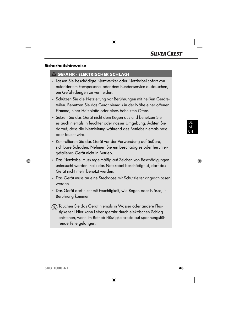 Sicherheitshinweise gefahr - elektrischer schlag | Silvercrest SKG 1000 A1 User Manual | Page 46 / 53