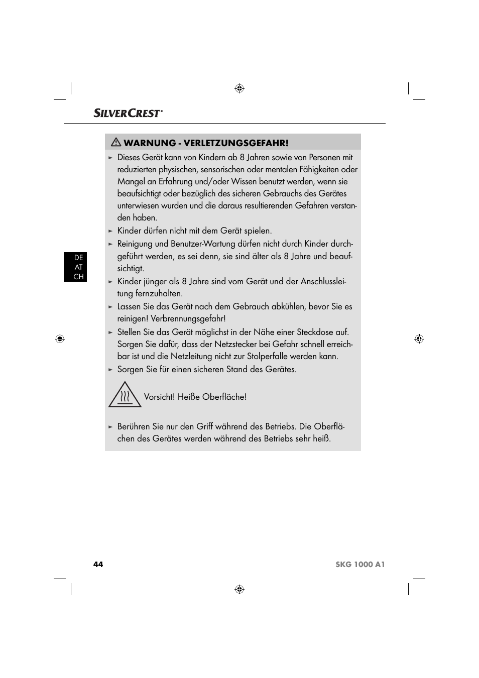 Warnung - verletzungsgefahr, Kinder dürfen nicht mit dem gerät spielen | Silvercrest SKG 1000 A1 User Manual | Page 47 / 53