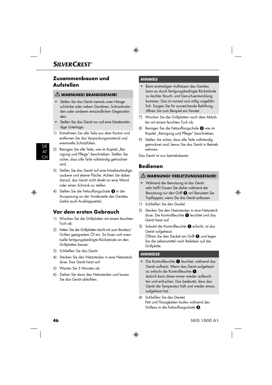 Zusammenbauen und aufstellen, Vor dem ersten gebrauch, Bedienen | Silvercrest SKG 1000 A1 User Manual | Page 49 / 53