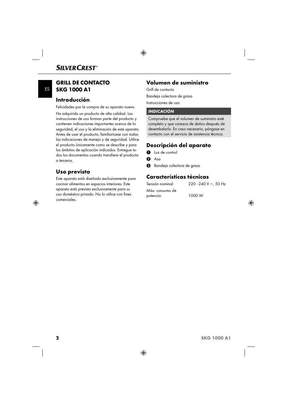 Uso previsto, Volumen de suministro, Descripción del aparato | Características técnicas | Silvercrest SKG 1000 A1 User Manual | Page 5 / 53