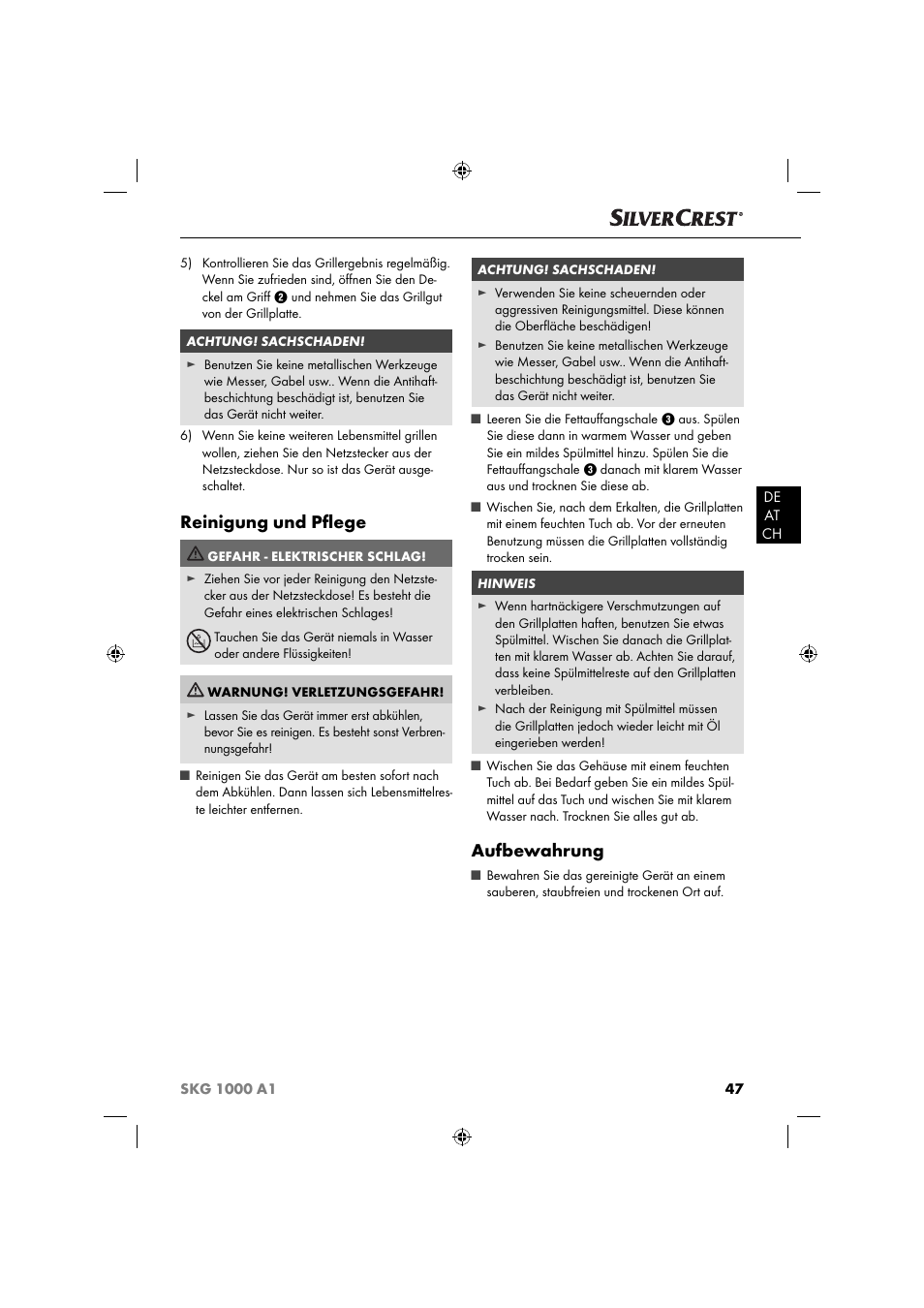 Reinigung und pﬂ ege, Aufbewahrung | Silvercrest SKG 1000 A1 User Manual | Page 50 / 53