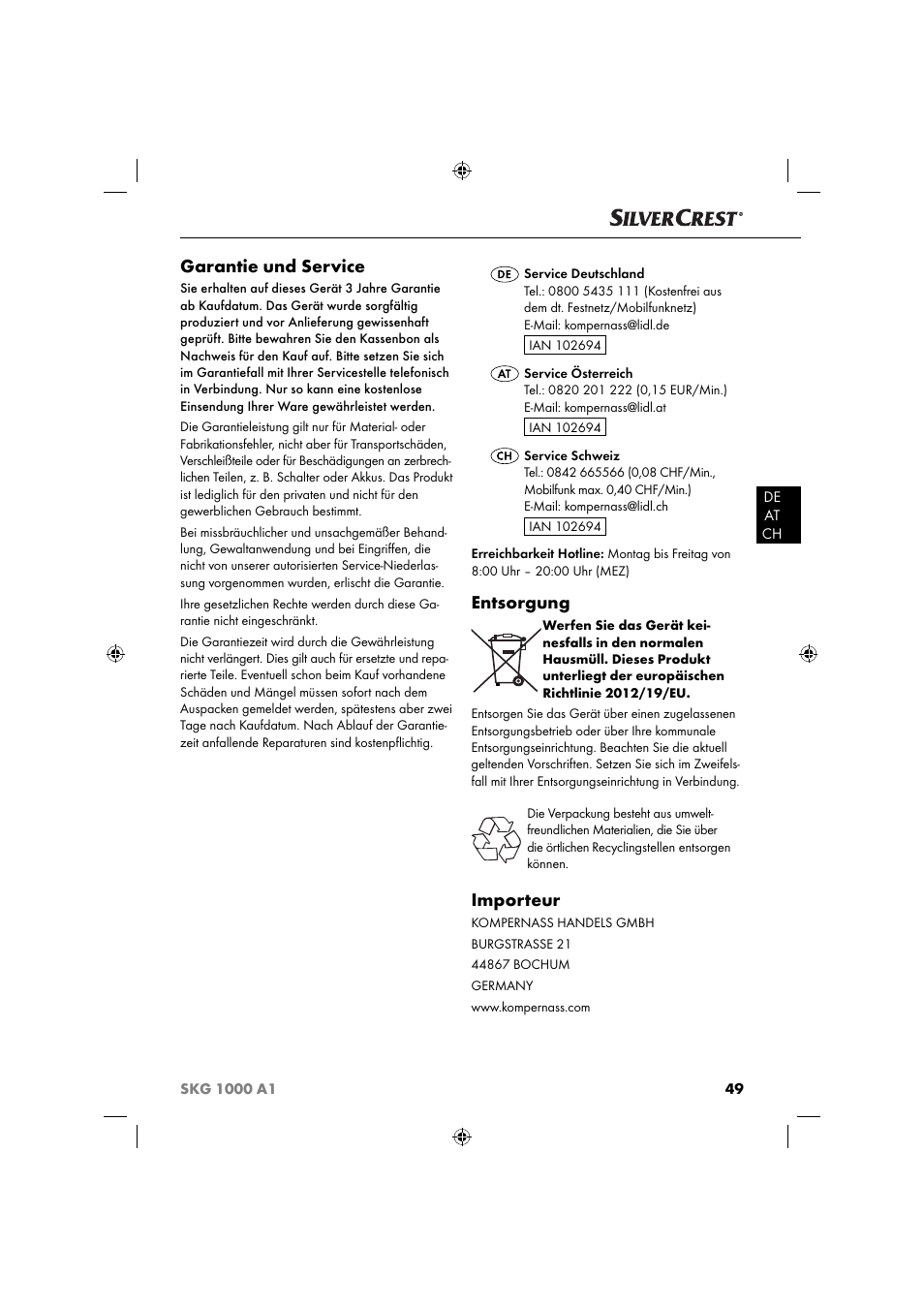 Garantie und service, Entsorgung, Importeur | Silvercrest SKG 1000 A1 User Manual | Page 52 / 53