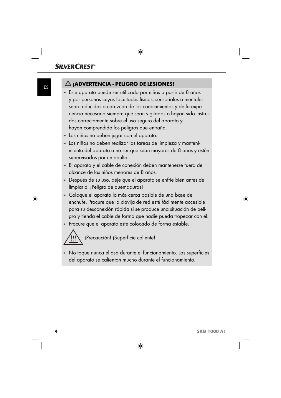 Advertencia - peligro de lesiones, Los niños no deben jugar con el aparato | Silvercrest SKG 1000 A1 User Manual | Page 7 / 53