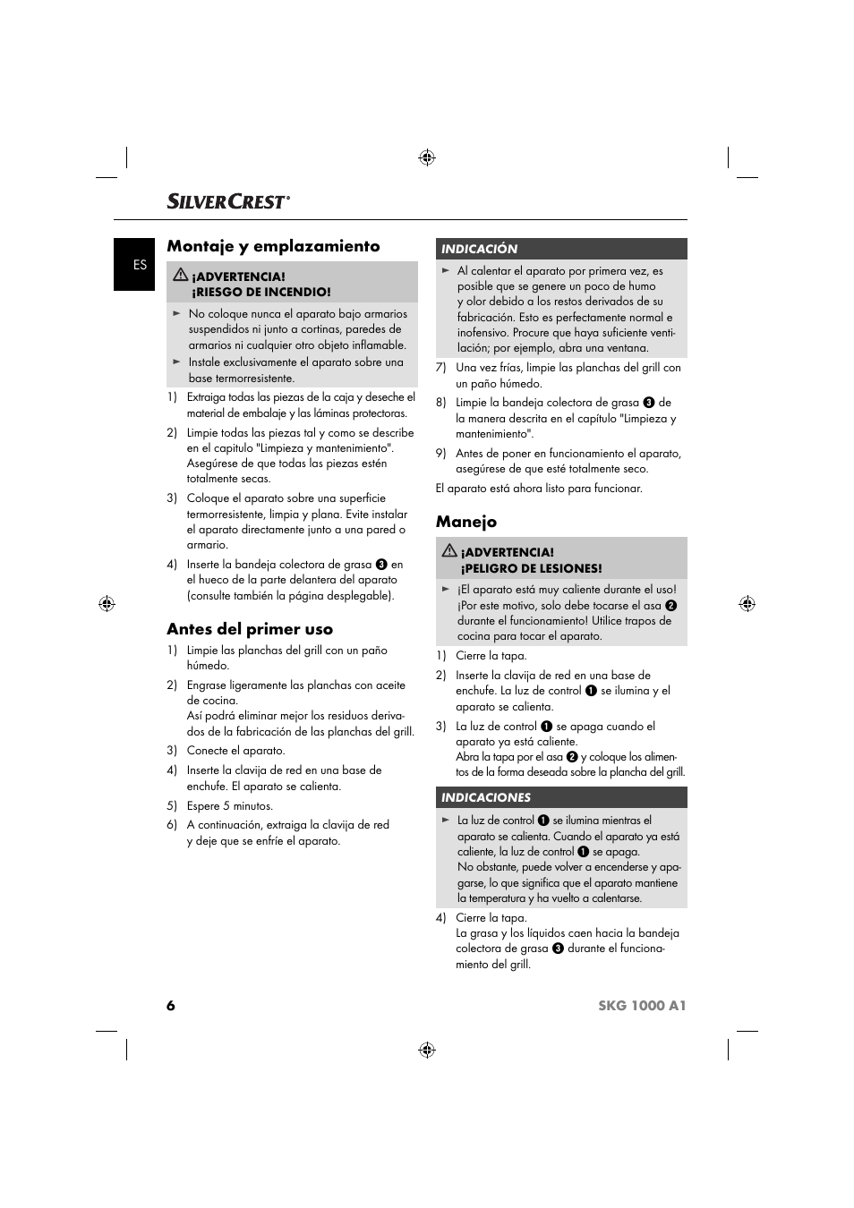 Montaje y emplazamiento, Antes del primer uso, Manejo | Silvercrest SKG 1000 A1 User Manual | Page 9 / 53