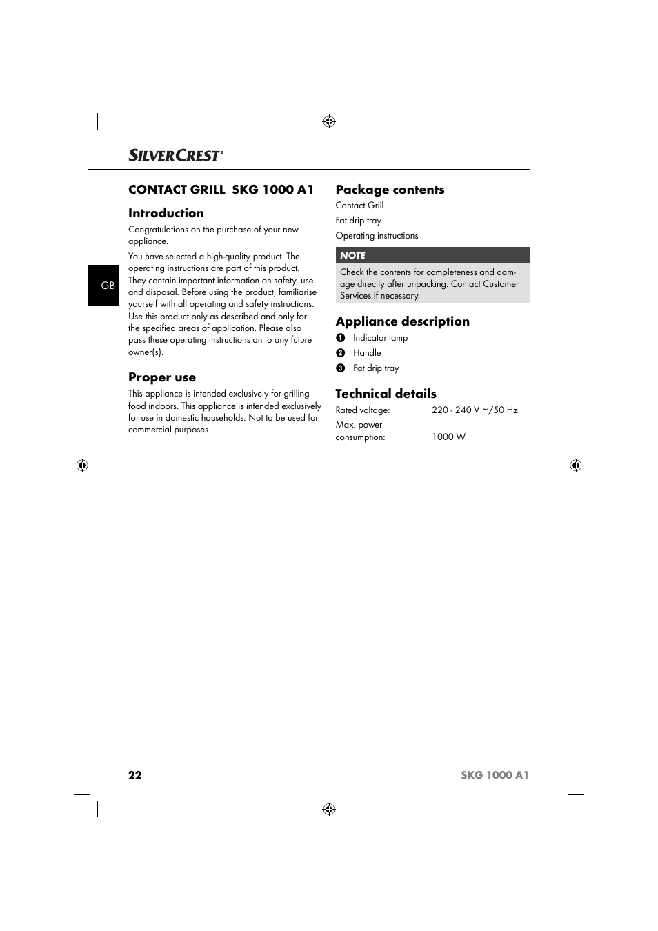 Proper use, Package contents, Appliance description | Technical details | Silvercrest SKG 1000 A1 User Manual | Page 25 / 33