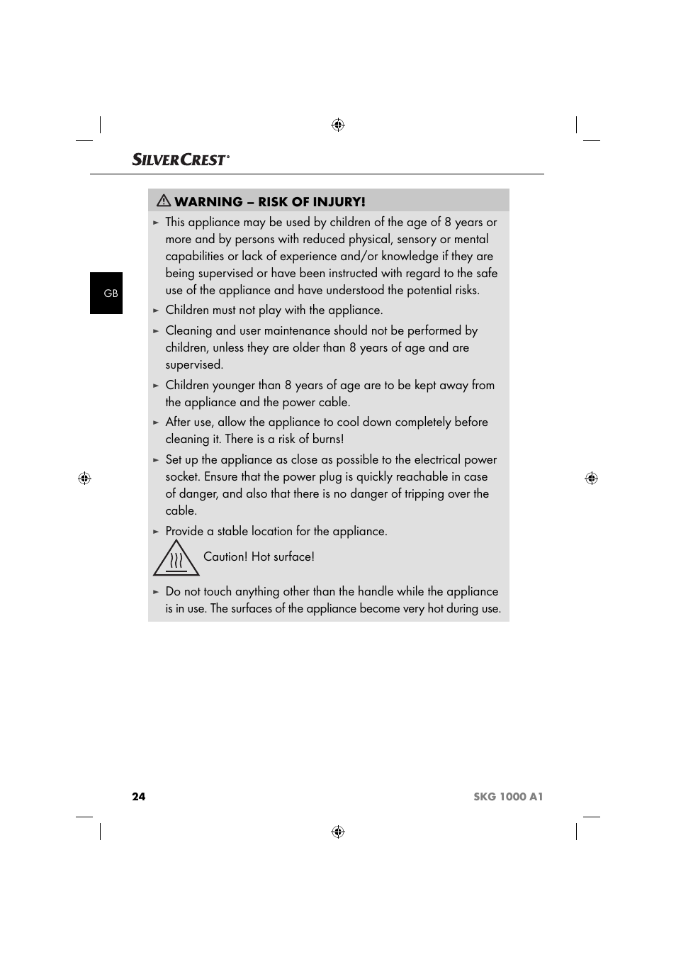 Warning – risk of injury, Children must not play with the appliance | Silvercrest SKG 1000 A1 User Manual | Page 27 / 33