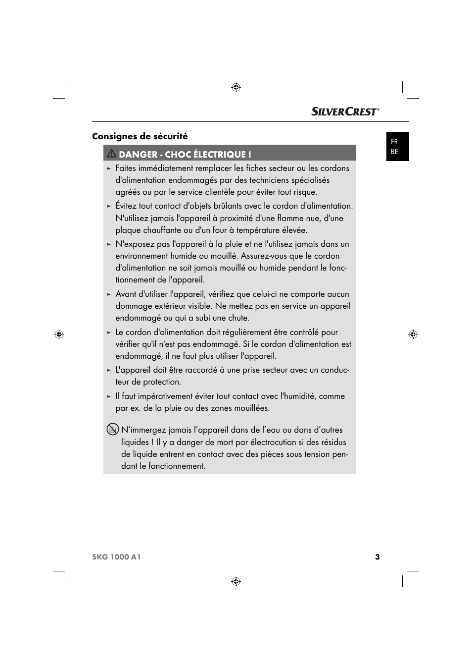 Consignes de sécurité danger - choc électrique | Silvercrest SKG 1000 A1 User Manual | Page 6 / 33