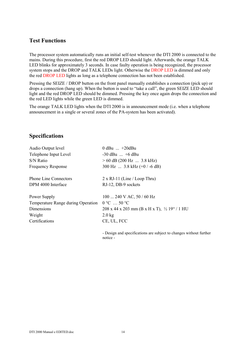 Test functions, Specifications | Dynacord DTI 2000 User Manual | Page 14 / 14