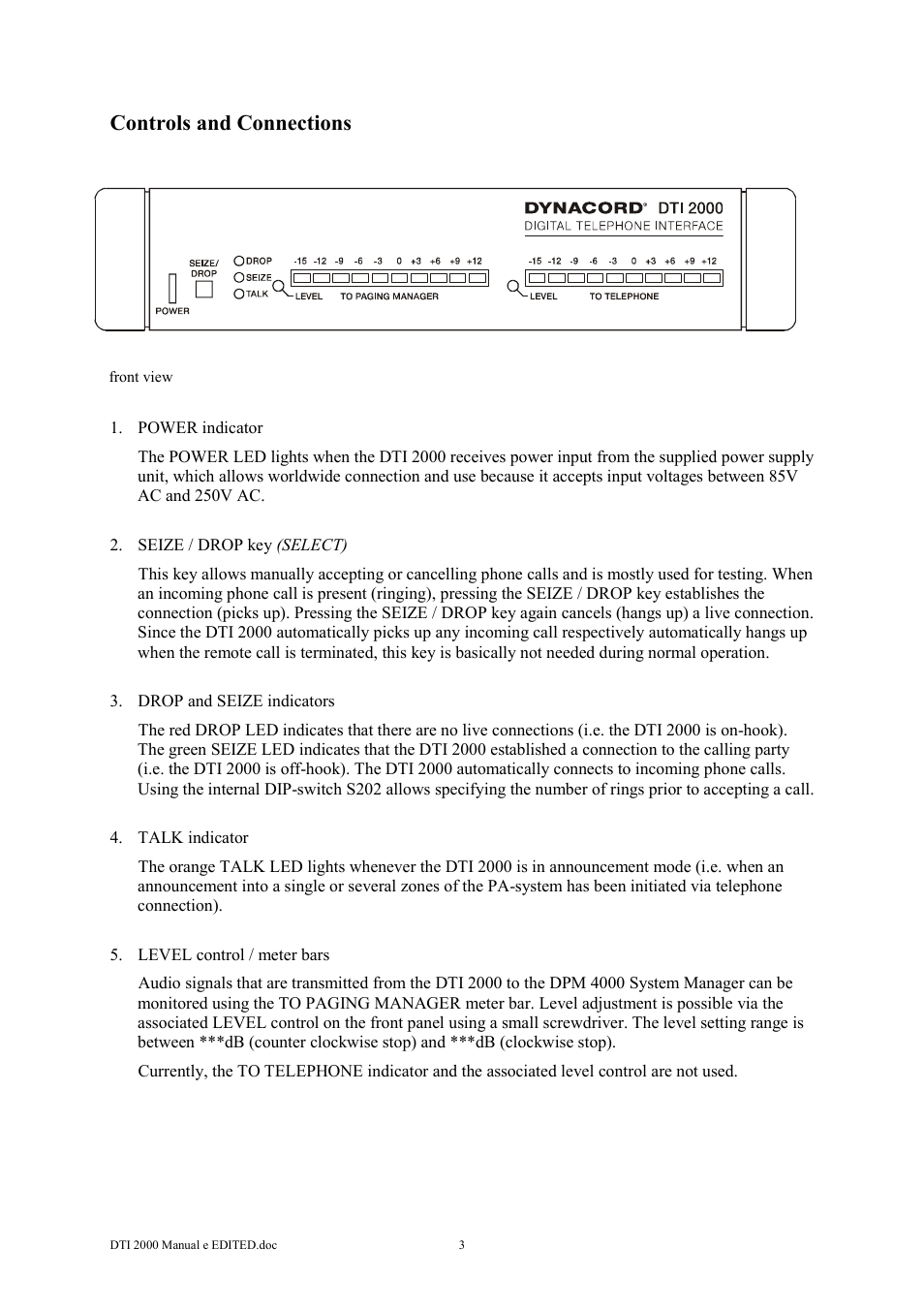 Controls and connections | Dynacord DTI 2000 User Manual | Page 3 / 14