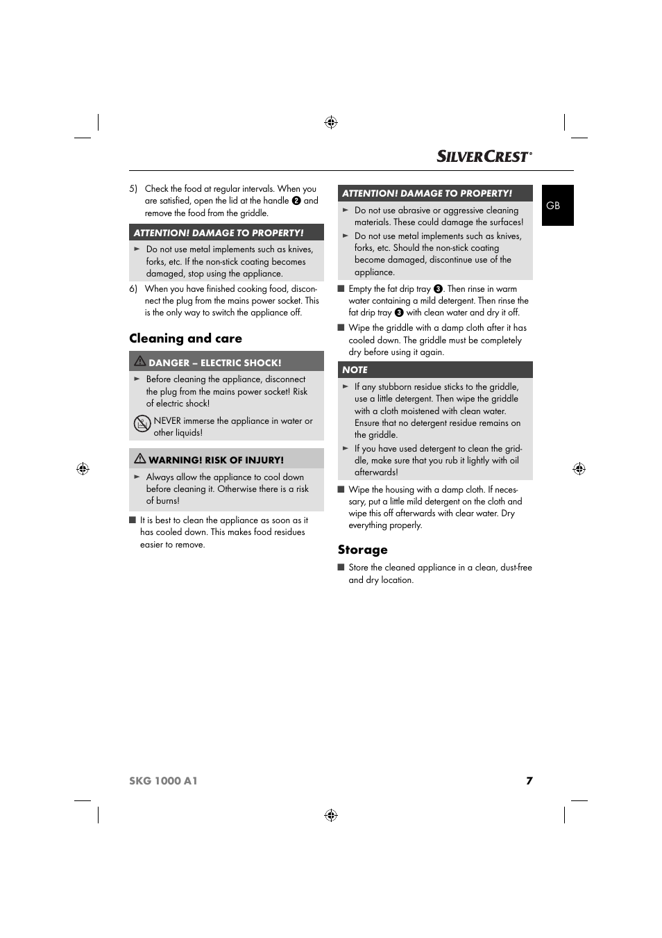 Cleaning and care, Storage | Silvercrest SKG 1000 A1 User Manual | Page 10 / 73