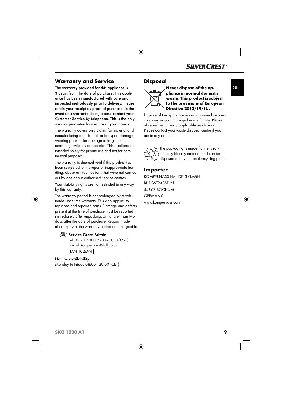 Warranty and service, Disposal, Importer | Silvercrest SKG 1000 A1 User Manual | Page 12 / 73