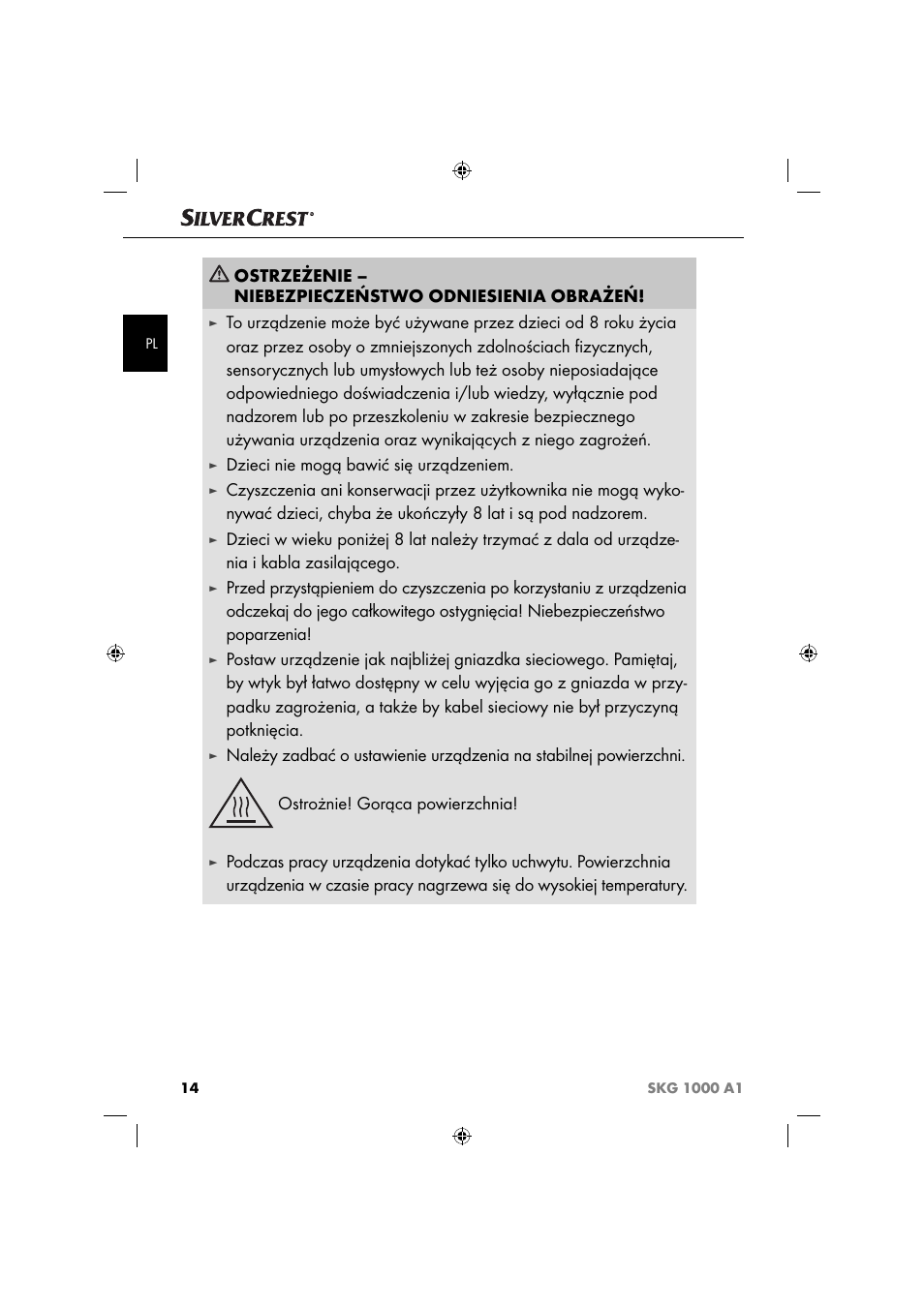 Dzieci nie mogą bawić się urządzeniem | Silvercrest SKG 1000 A1 User Manual | Page 17 / 73