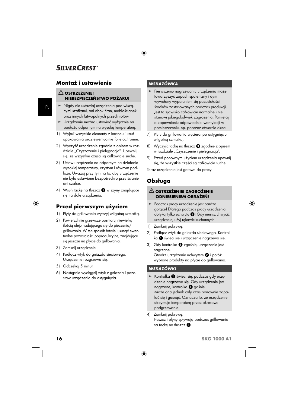 Montaż i ustawienie, Przed pierwszym użyciem, Obsługa | Silvercrest SKG 1000 A1 User Manual | Page 19 / 73