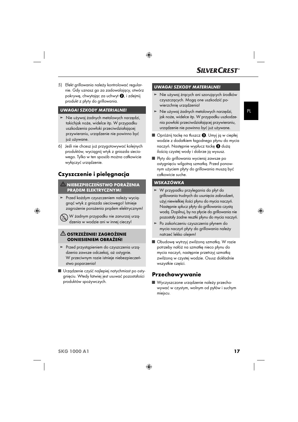 Czyszczenie i pielęgnacja, Przechowywanie | Silvercrest SKG 1000 A1 User Manual | Page 20 / 73