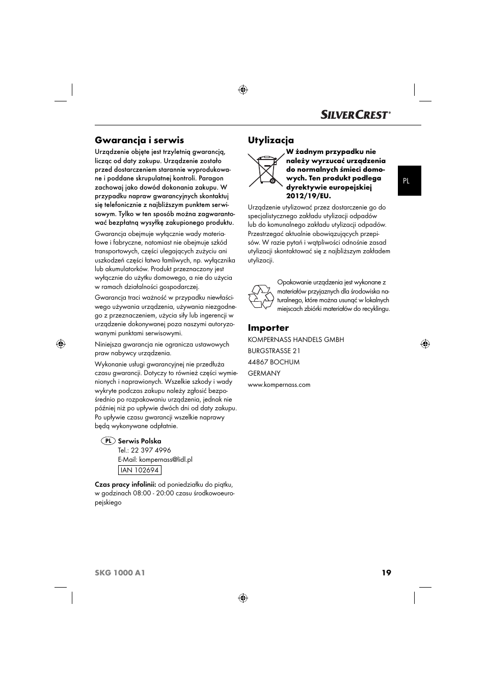 Gwarancja i serwis, Utylizacja, Importer | Silvercrest SKG 1000 A1 User Manual | Page 22 / 73