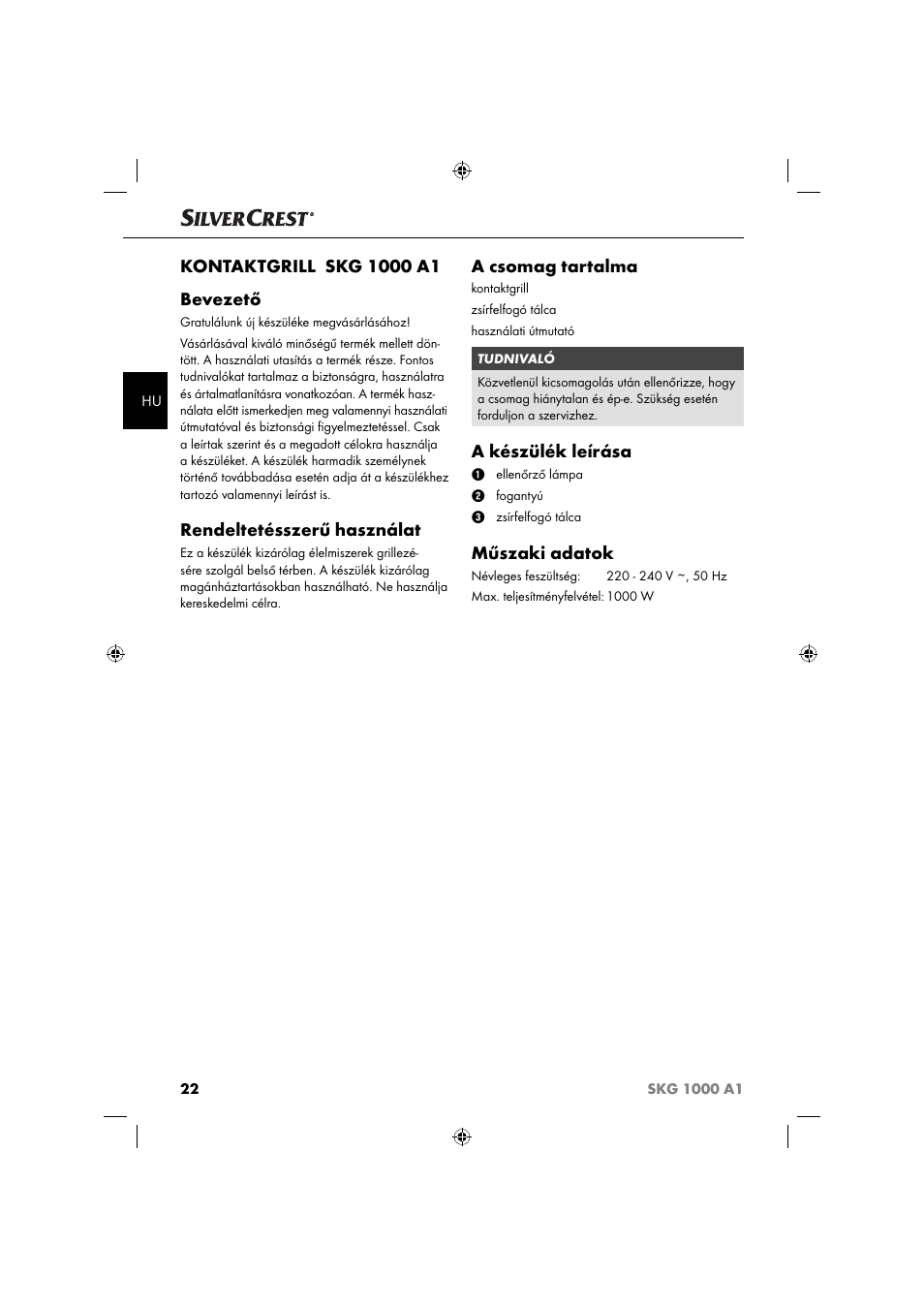 Rendeltetésszerű használat, A csomag tartalma, A készülék leírása | Műszaki adatok | Silvercrest SKG 1000 A1 User Manual | Page 25 / 73
