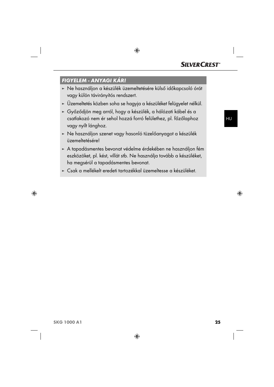 Figyelem - anyagi kár | Silvercrest SKG 1000 A1 User Manual | Page 28 / 73