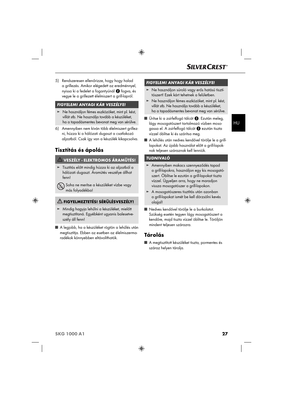 Tisztítás és ápolás, Tárolás | Silvercrest SKG 1000 A1 User Manual | Page 30 / 73