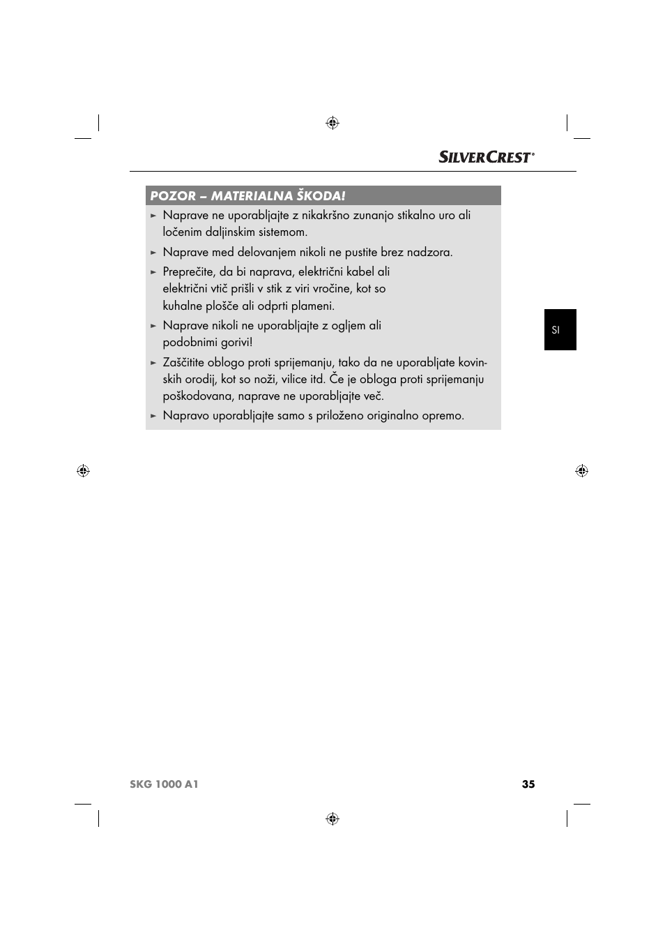 Pozor – materialna škoda | Silvercrest SKG 1000 A1 User Manual | Page 38 / 73