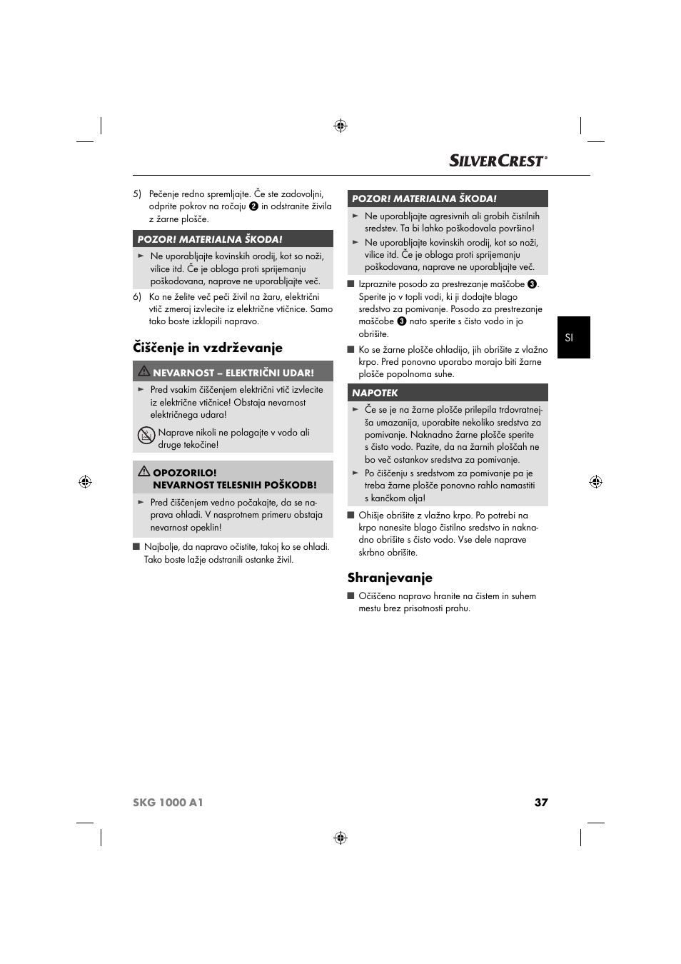 Čiščenje in vzdrževanje, Shranjevanje | Silvercrest SKG 1000 A1 User Manual | Page 40 / 73