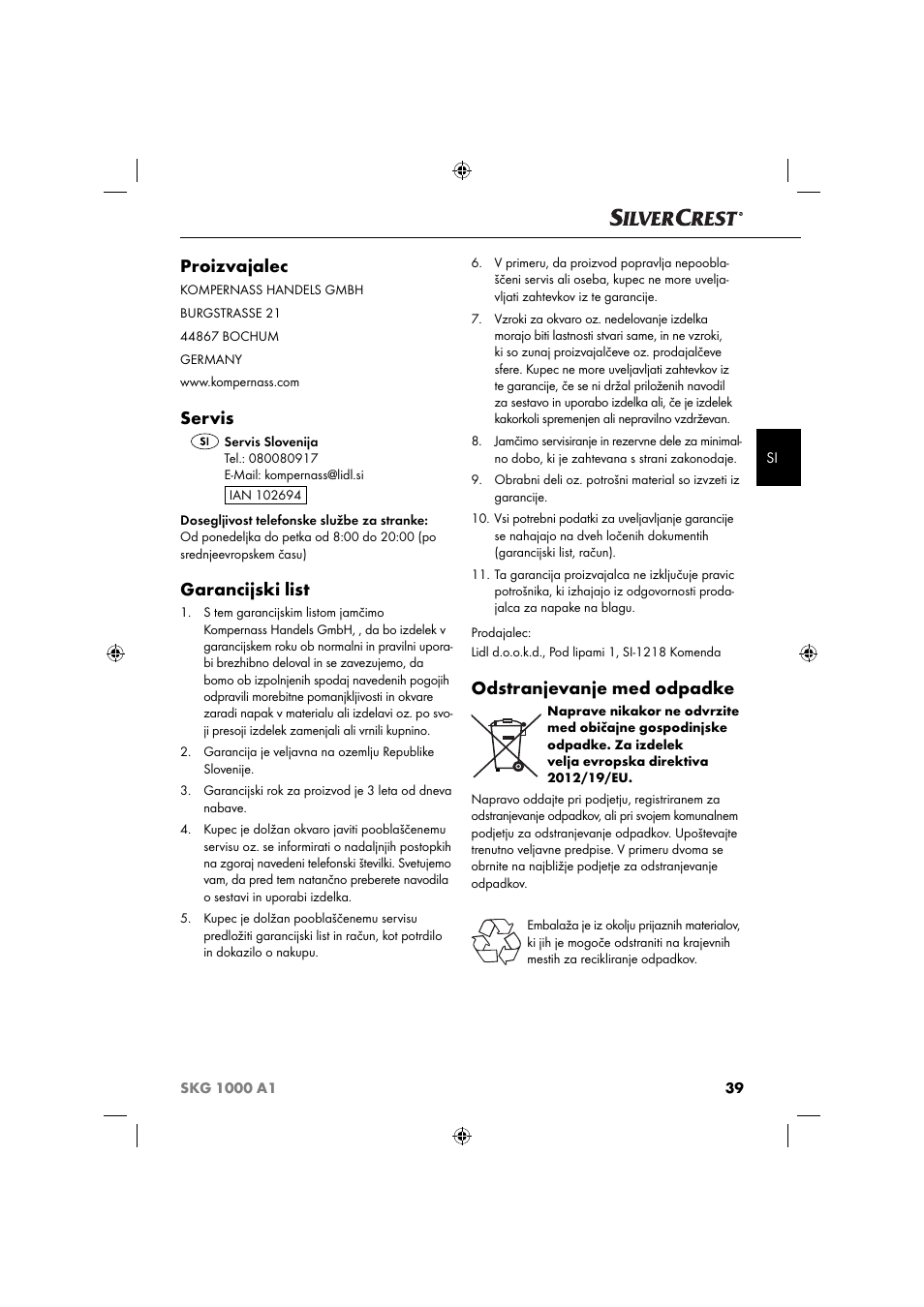 Proizvajalec, Servis, Garancijski list | Odstranjevanje med odpadke | Silvercrest SKG 1000 A1 User Manual | Page 42 / 73