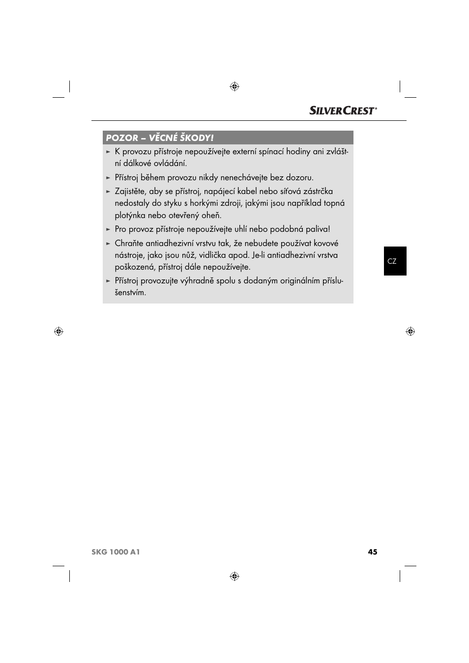 Pozor – věcné škody | Silvercrest SKG 1000 A1 User Manual | Page 48 / 73