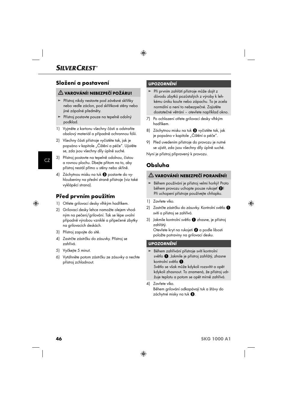 Složení a postavení, Před prvním použitím, Obsluha | Silvercrest SKG 1000 A1 User Manual | Page 49 / 73