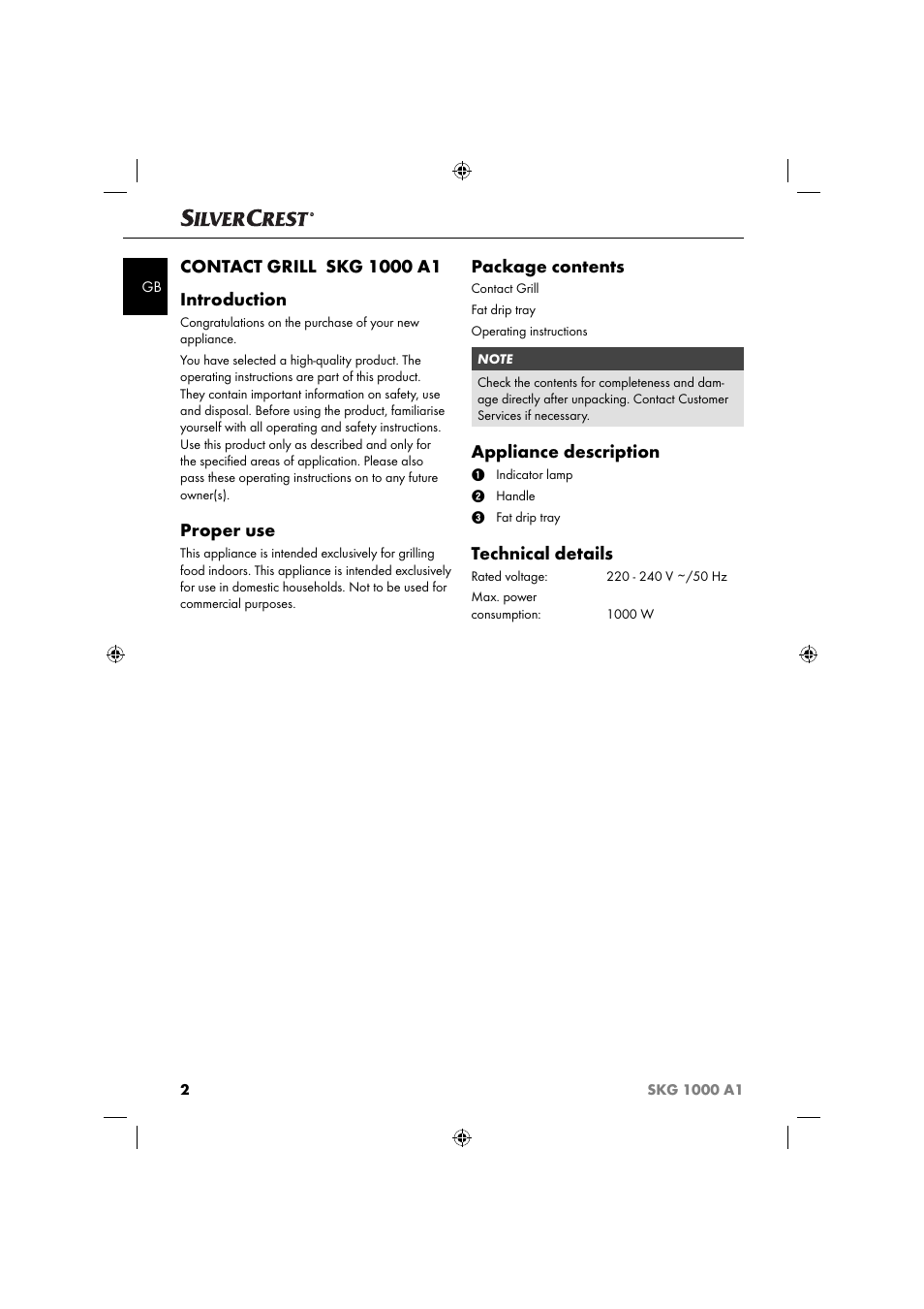 Proper use, Package contents, Appliance description | Technical details | Silvercrest SKG 1000 A1 User Manual | Page 5 / 73